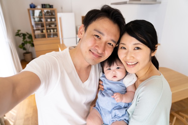 Family taking selfie at home